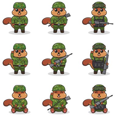 Asker olarak şirin sincabın vektör çizimleri. Güzel ordu seti. düz çizgi film karakter tasarımı.