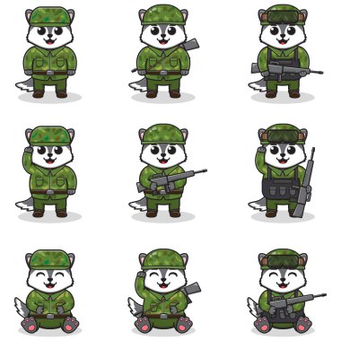 Asker rolündeki şirin Kurt 'un vektör çizimleri. Güzel ordu seti. düz çizgi film karakter tasarımı.