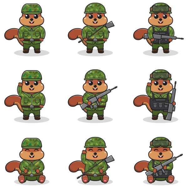 Vector Illustrations Cute Squirrel Soldier Cute Army Set Flat Cartoon — стоковый вектор