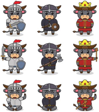 Vector illustrations of Buffalo characters in various medieval outfits. Buffalo king, viking and knight. Vector illustration bundle