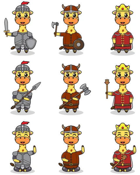 Vektorillustrationen Von Giraffenfiguren Verschiedenen Mittelalterlichen Outfits König Wikinger Und Ritter — Stockvektor