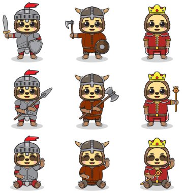 Vector illustrations of Sloth characters in various medieval outfits. King, viking and knight costume. Vector illustration bundle