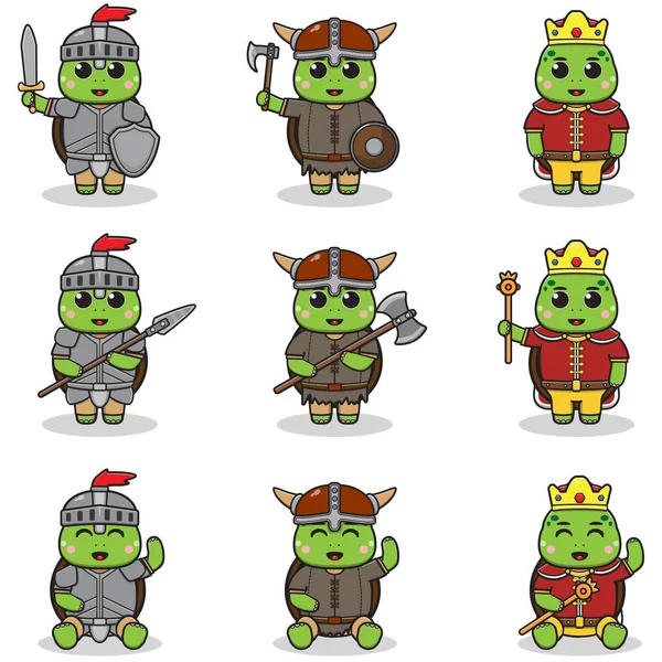 Vector Illustrations Turtle Characters Various Medieval Outfits King Viking Knight — стоковый вектор