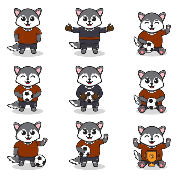 Vektorillustration Von Wolf Charakteren Beim Fußballspielen Nettes Wolf Maskottchen Beim — Stockvektor
