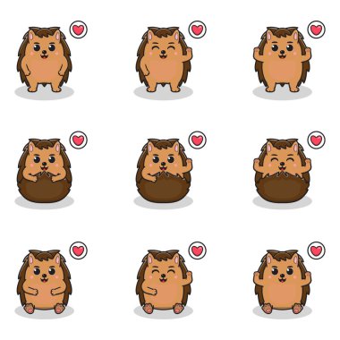 Şirin Kirpi çizgi filminin Vektör İllüstrasyonu. Bir grup şirin Kirpi karakteri. Beyaz arka planda izole edilmiş komik kirpi koleksiyonu.