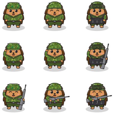 Asker kostümlü şirin kirpinin vektör çizimleri. Güzel ordu seti. düz çizgi film karakter tasarımı.