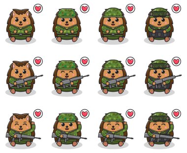 Şirin Kirpi 'nin asker kostümüyle oturuşunun vektör çizimleri. Güzel ordu seti. düz çizgi film karakter tasarımı.