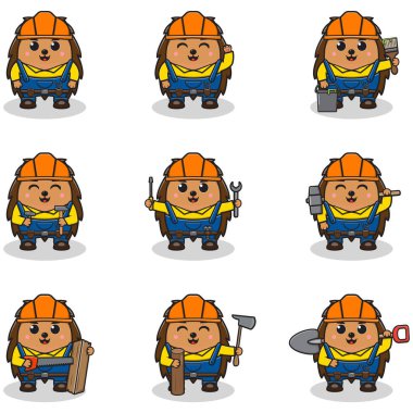 Handyman kostümlü Şirin Kirpi 'nin Vektör İllüstrasyonu. Bir grup şirin Kirpi karakteri. Beyaz arka planda izole edilmiş komik kirpi koleksiyonu.