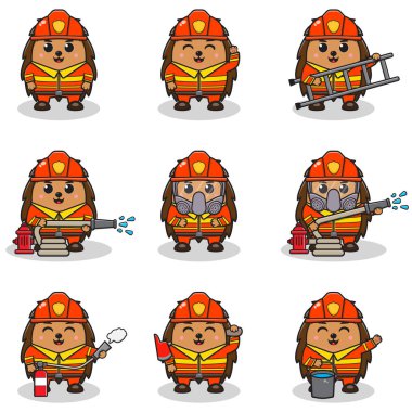 Şirin Kirpi 'nin İtfaiyeci kostümlü Vector Illustration' ı. Bir grup şirin Kirpi karakteri. Beyaz arka planda izole edilmiş komik kirpi koleksiyonu.