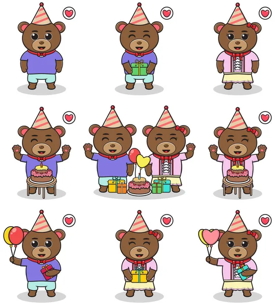 誕生日パーティーでかわいいクマのベクトルイラスト かわいいクマのキャラクターのセット 白地に隔離された面白いクマのコレクション — ストックベクタ