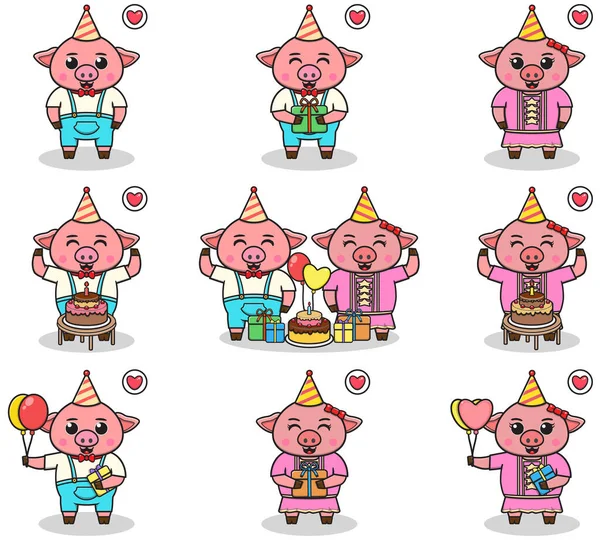 Vector Cute Pig Birthday Party Set Cute Little Pig Characters — Stockvektor