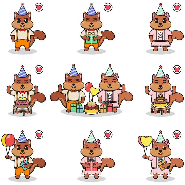 Vector Cute Squirrel Birthday Party Set Cute Little Squirrel Characters — Stockvektor