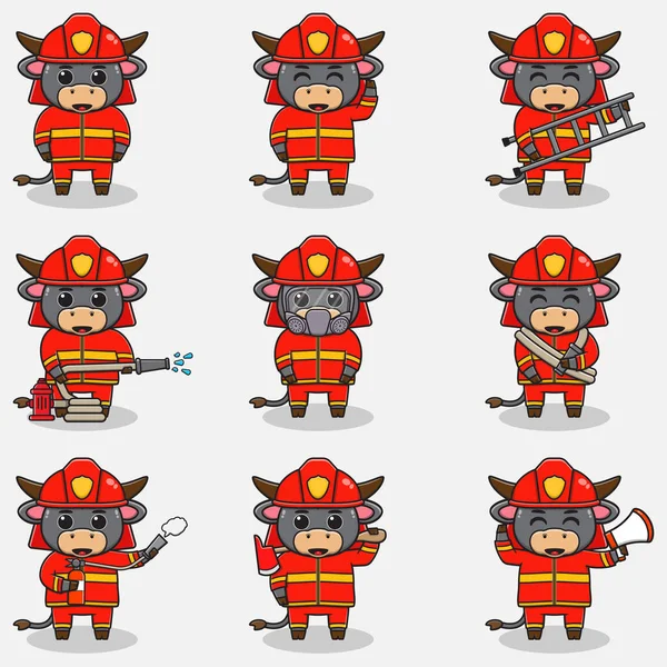 Vector Illustration of Buffalo cartoon with Firefighter costume. Set of cute Buffalo characters. Collection of funny Buffalo isolated on a white background.