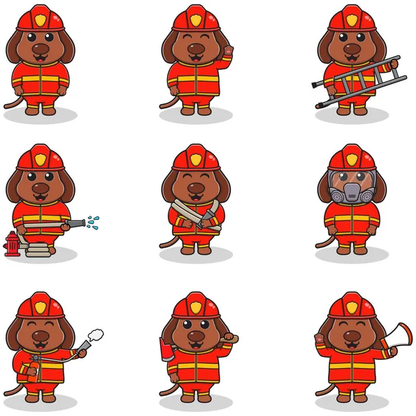 Vector Illustration Von Hund Cartoon Mit Feuerwehrkostüm Set Von Niedlichen — Stockvektor