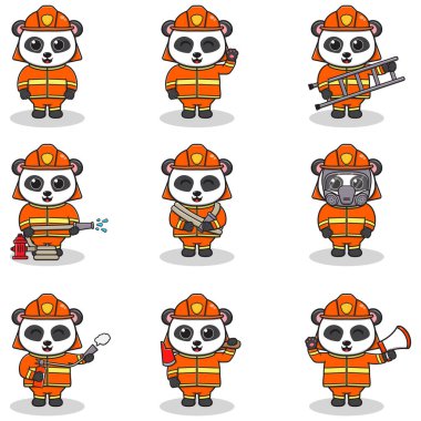 İtfaiyeci kostümlü Panda 'nın Vektör İllüstrasyonu çizgi filmi. Bir grup sevimli panda karakteri. Beyaz arka planda izole edilmiş komik panda koleksiyonu.