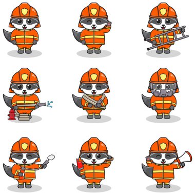 İtfaiyeci kostümlü Rakun Çizgi Filminin Vektör İllüstrasyonu. Bir grup sevimli rakun karakteri. Beyaz arka planda izole edilmiş komik rakun koleksiyonu.