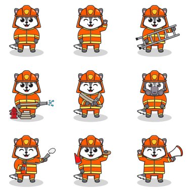 İtfaiyeci kostümlü Kurt Çizgi Filminin Vektör İllüstrasyonu. Bir grup şirin Wolf karakterleri. Beyaz arka planda izole edilmiş komik kurt koleksiyonu..