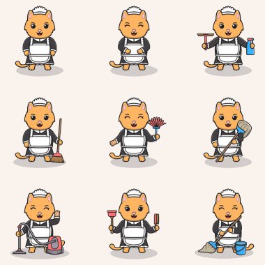 Hizmetçi üniformalı şirin bir kedi tasviri. Hayvan karakter tasarımı. Temizlik ekipmanlı kedi. Sevimli Kedi karakterleri seti.