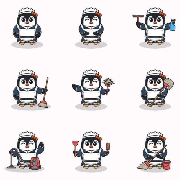 Vektorillustration Des Niedlichen Pinguins Mit Dienstmädchenuniform Tierische Charakterzeichnung Pinguin Mit — Stockvektor