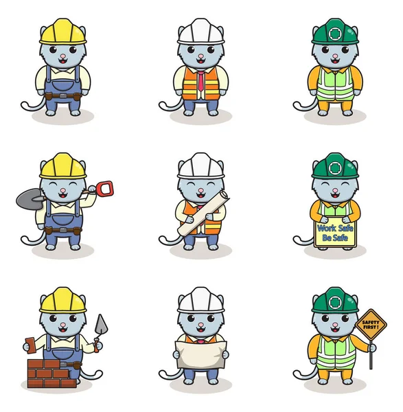 Vector Illustration Cat Worker Builder Laborer Cartoon Cute Cat Engineers — Stock Vector