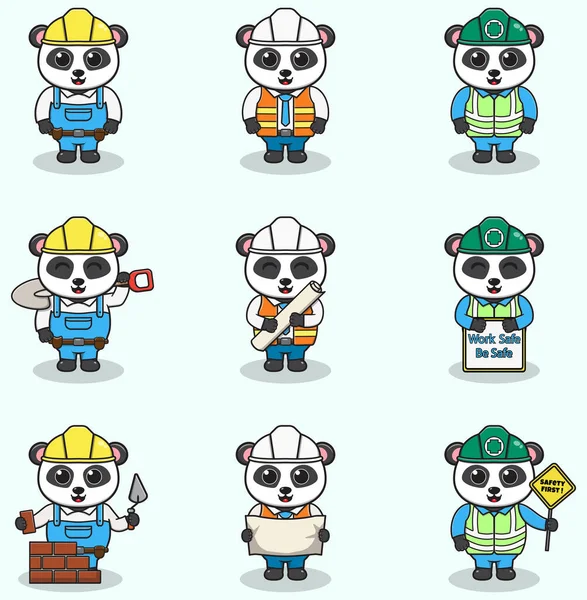 Vector Illustration Panda Worker Builder Laborer Cartoon Cute Panda Engineers — Stock Vector