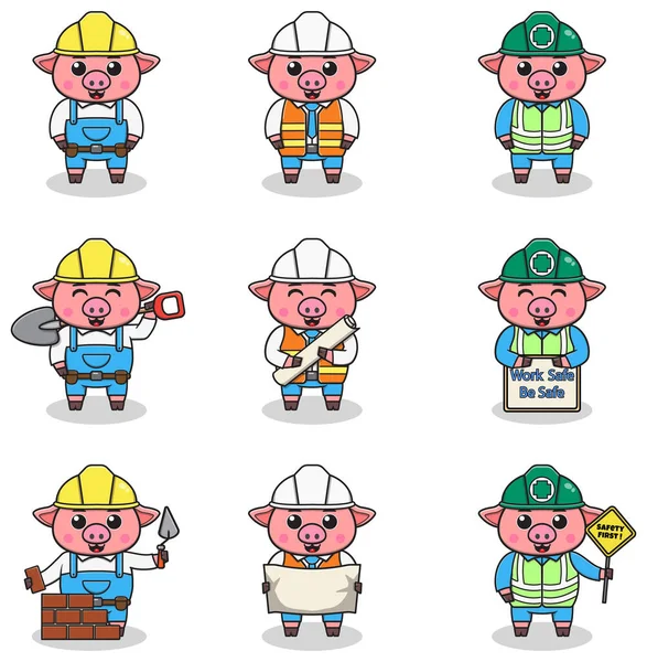 Ilustração Vetorial Porco Trabalhador Construtor Trabalhador Desenho Animado Engenheiros Bonitos — Vetor de Stock