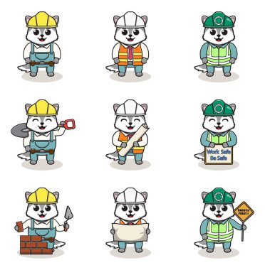 Kurt işçisi, inşaatçı ve işçi karikatürünün vektör çizimi. Şirin Wolf mühendisleri, çizilmiş karikatür çizimleri. Beyaz arkaplanda vektör illüstrasyonu