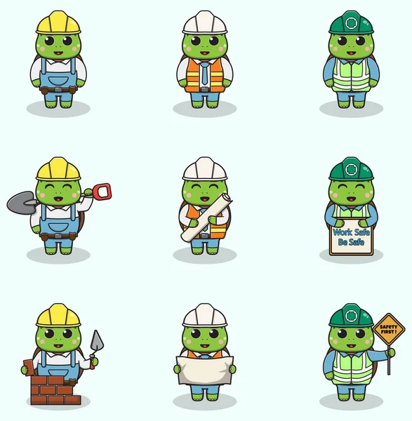 Vector Illustration Turtle Worker Builder Laborer Cartoon Cute Turtle Engineers — Stock Vector