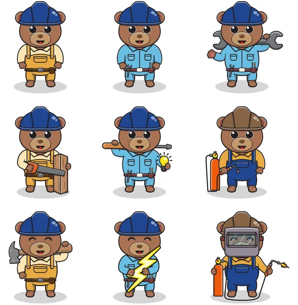 Vector Illustration Bear Construction Builder Electrician Welder Handymen Cartoon Cute — Stockvektor