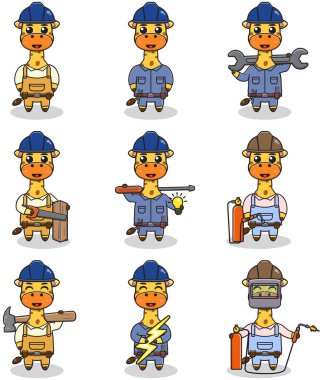 Vector illustration of Giraffe Construction, builder, electrician, welder and handymen cartoon. Cute Giraffe engineers workers, builders characters isolated cartoon illustration.