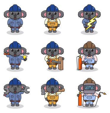 Vector illustration of Koala Construction, builder, electrician, welder and handymen cartoon. Cute Koala engineers workers, builders characters isolated cartoon illustration.
