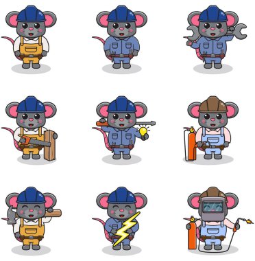 Vector illustration of Mouse Construction, builder, electrician, welder and handymen cartoon. Cute Mouse engineers workers, builders characters isolated cartoon illustration.