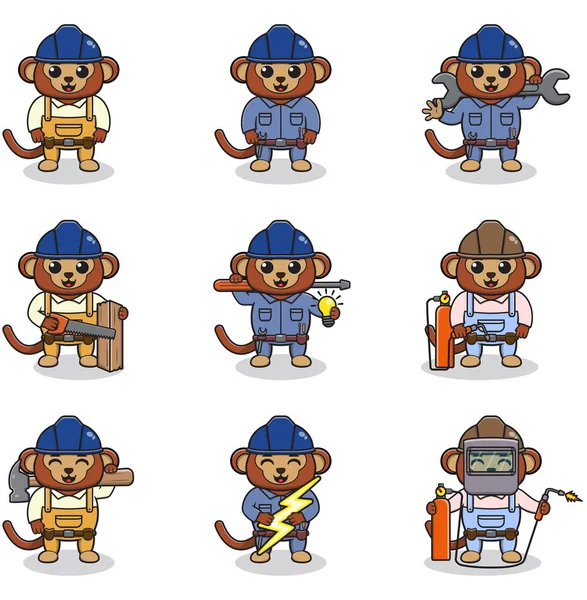 Vector illustration of Monkey Construction, builder, electrician, welder and handymen cartoon. Cute Monkey engineers workers, builders characters isolated cartoon illustration.