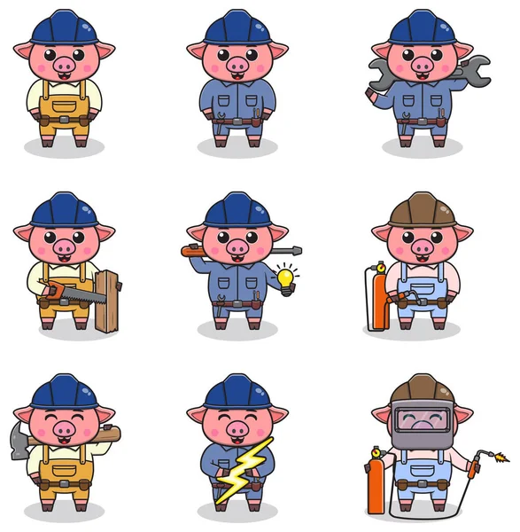 Vector Illustration Pig Construction Builder Electrician Welder Handymen Cartoon Cute — 스톡 벡터