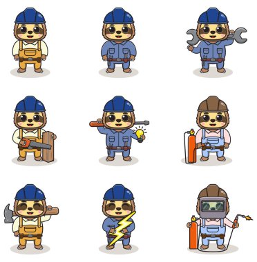 Vector illustration of Sloth Construction, builder, electrician, welder and handymen cartoon. Cute Sloth engineers workers, builders characters isolated cartoon illustration.