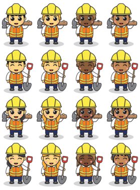 Şirin İnşaat Çocukları çizgi filminin Vektör İllüstrasyonu. İnşaat aletleri olan çocuklar inşaatçıları çalıştırıyor. Çocuk İnşaat çizgi filmi. Düz vektör çizgi film tasarımı