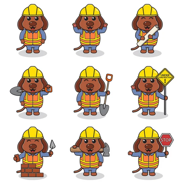 Vektorillustration Des Hundecharakters Auf Der Baustelle Bauarbeiter Verschiedenen Werkzeugen Cartoon — Stockvektor