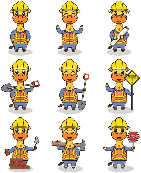 Ilustração Vetorial Personagem Girafa Canteiro Obras Trabalhadores Construção Civil Várias — Vetor de Stock