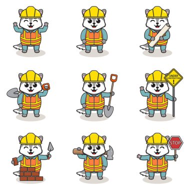 Wolf karakterinin inşaat alanındaki vektör çizimi. Çeşitli araçlarda inşaat işçileri. Çizgi film Wolf karakterleri inşaat alanı vektöründe çalışıyorlar..