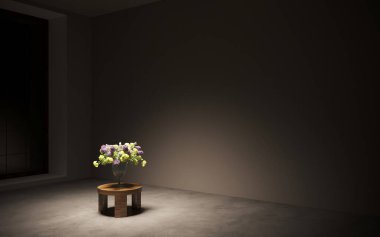 Vazodaki çiçekler 3 boyutlu odanın içindeki masada.