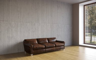 Kanepesi ve ahşap zemini olan parlak bir iç mekan. 3d oluşturma