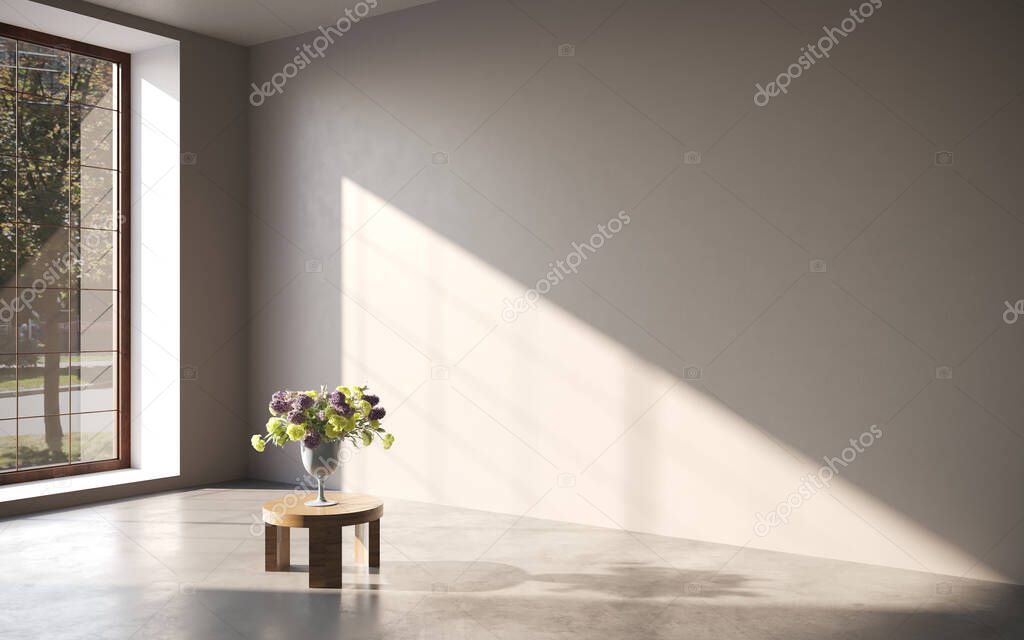 flowers in vase on table in 3d room interior