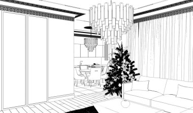 3D siyah beyaz oda. İçi Noel ağacı dolu.