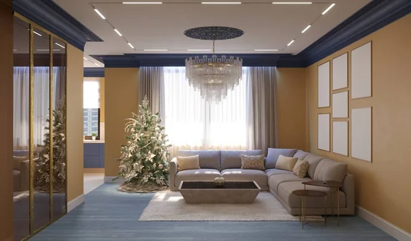 圣诞节圣诞树的室内3D渲染 — 图库照片