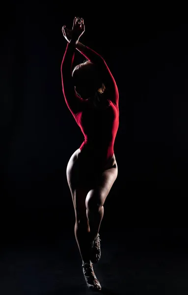 Bela Menina Ginasta Preto Bodysuit Fundo Escuro — Fotografia de Stock