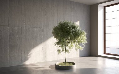 Gri arka planda çimento tenceresinde büyüyen yeşil dekoratif ağaç. 3B illüstrasyon, cg canlandırma