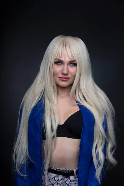 Beautiful Blonde Girl Long Hair Posing Black Lingerie Blue Jacket — Stock Photo, Image