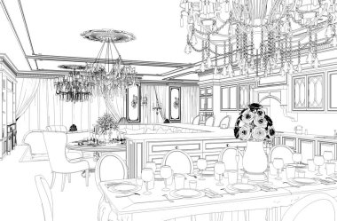 3d klasik iç taslak çizimi