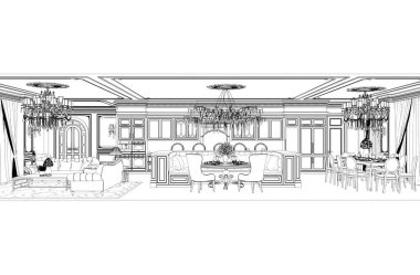 3d klasik iç taslak çizimi