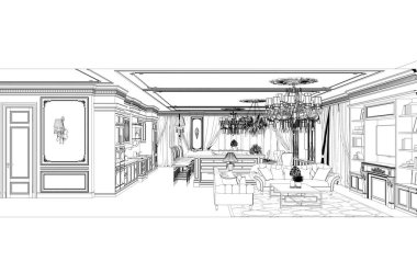 3d klasik iç taslak çizimi